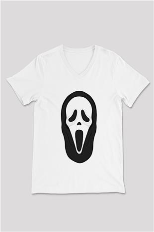 Halloween Baskılı Beyaz Unisex V Yaka Tişört - Tshirt