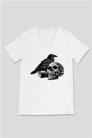 Halloween Baskılı Beyaz Unisex V Yaka Tişört - Tshirt