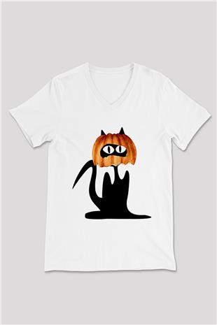 Halloween Baskılı Beyaz Unisex V Yaka Tişört - Tshirt