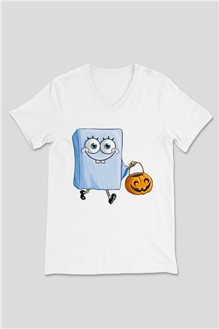 Halloween Baskılı Beyaz Unisex V Yaka Tişört - Tshirt