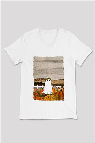 Halloween Baskılı Beyaz Unisex V Yaka Tişört - Tshirt
