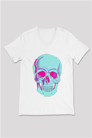 Halloween Baskılı Beyaz Unisex V Yaka Tişört - Tshirt