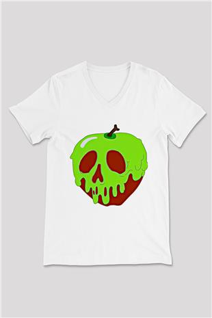 Halloween Baskılı Beyaz Unisex V Yaka Tişört - Tshirt