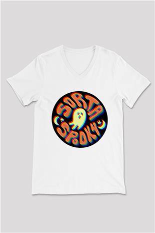 Halloween Baskılı Beyaz Unisex V Yaka Tişört - Tshirt