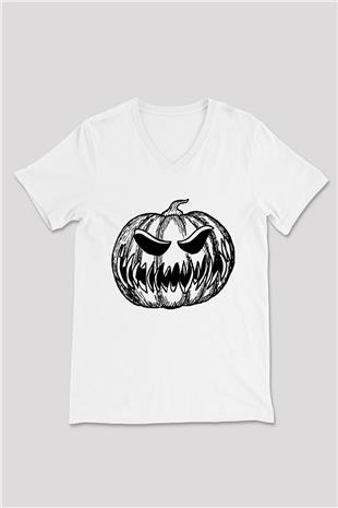 Halloween Baskılı Beyaz Unisex V Yaka Tişört - Tshirt
