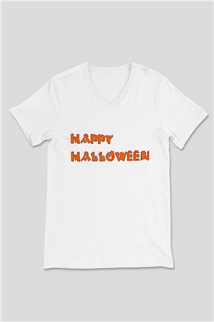 Halloween Baskılı Beyaz Unisex V Yaka Tişört - Tshirt
