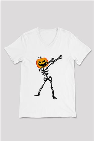 Halloween Baskılı Beyaz Unisex V Yaka Tişört - Tshirt