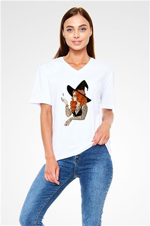 Halloween Baskılı Beyaz Unisex V Yaka Tişört - Tshirt