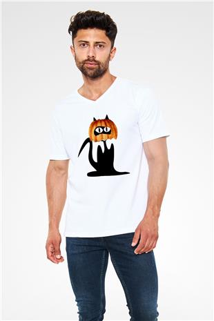 Halloween Baskılı Beyaz Unisex V Yaka Tişört - Tshirt
