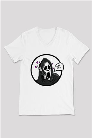 Halloween Baskılı Beyaz Unisex V Yaka Tişört - Tshirt