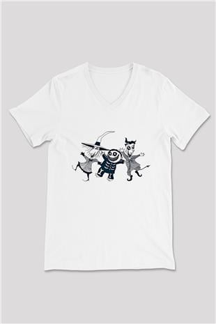 Halloween Baskılı Beyaz Unisex V Yaka Tişört - Tshirt