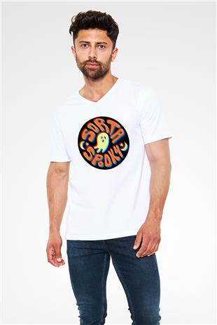 Halloween Baskılı Beyaz Unisex V Yaka Tişört - Tshirt