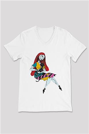 Halloween Baskılı Beyaz Unisex V Yaka Tişört - Tshirt