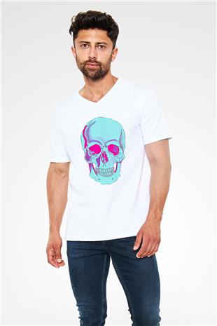 Halloween Baskılı Beyaz Unisex V Yaka Tişört - Tshirt
