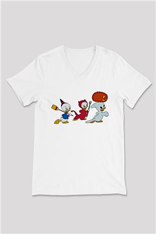 Halloween Baskılı Beyaz Unisex V Yaka Tişört - Tshirt