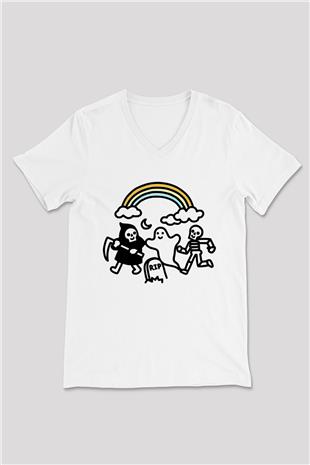 Halloween Baskılı Beyaz Unisex V Yaka Tişört - Tshirt