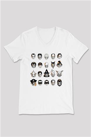 Halloween Baskılı Beyaz Unisex V Yaka Tişört - Tshirt