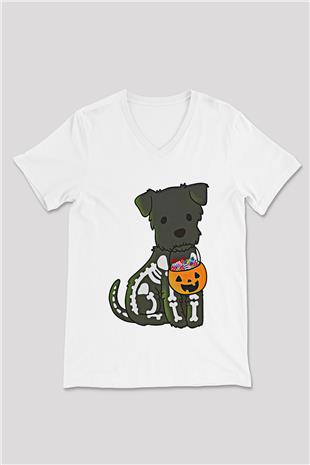 Halloween Baskılı Beyaz Unisex V Yaka Tişört - Tshirt