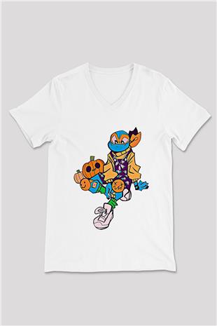 Halloween Baskılı Beyaz Unisex V Yaka Tişört - Tshirt