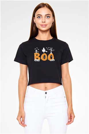 Halloween Baskılı Siyah Crop Top Kadın Tişört - Tshirt