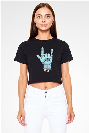 Halloween Baskılı Siyah Crop Top Kadın Tişört - Tshirt