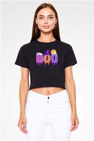 Halloween Baskılı Siyah Crop Top Kadın Tişört - Tshirt