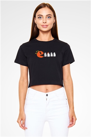 Halloween Baskılı Siyah Crop Top Kadın Tişört - Tshirt