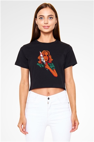 Halloween Baskılı Siyah Crop Top Kadın Tişört - Tshirt