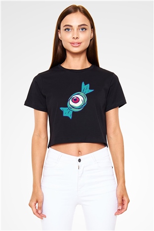 Halloween Baskılı Siyah Crop Top Kadın Tişört - Tshirt