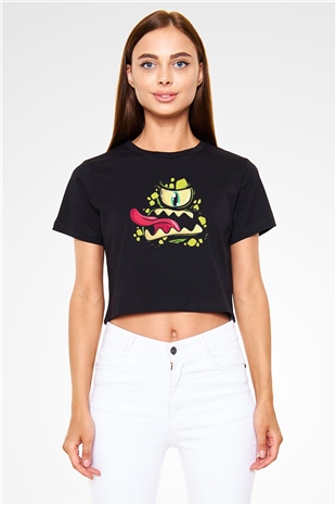 Halloween Baskılı Siyah Crop Top Kadın Tişört - Tshirt