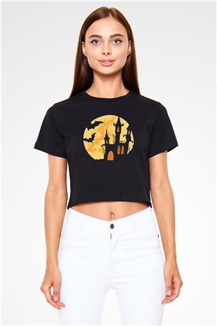 Halloween Baskılı Siyah Crop Top Kadın Tişört - Tshirt