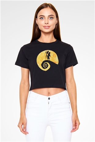 Halloween Baskılı Siyah Crop Top Kadın Tişört - Tshirt
