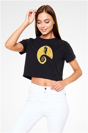 Halloween Baskılı Siyah Crop Top Kadın Tişört - Tshirt