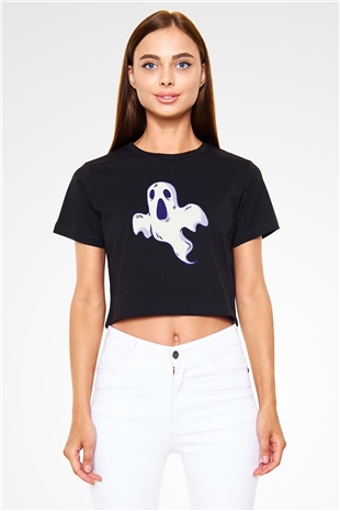 Halloween Baskılı Siyah Crop Top Kadın Tişört - Tshirt