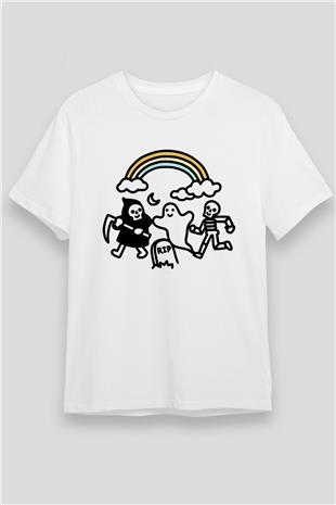 Halloween Baskılı Unisex Beyaz Tişört - Tshirt