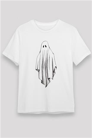 Halloween Baskılı Unisex Beyaz Tişört - Tshirt
