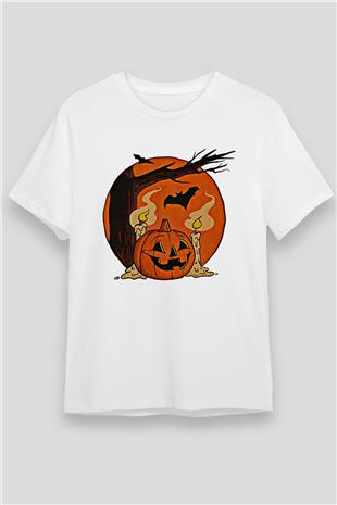 Halloween Baskılı Unisex Beyaz Tişört - Tshirt