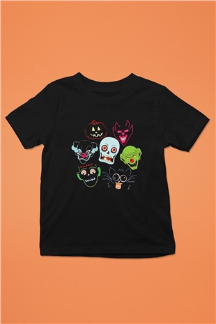 Halloween Baskılı Unisex Siyah Çocuk Tişört - Tshirt
