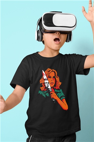 Halloween Baskılı Unisex Siyah Çocuk Tişört - Tshirt