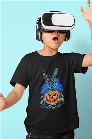 Halloween Baskılı Unisex Siyah Çocuk Tişört - Tshirt