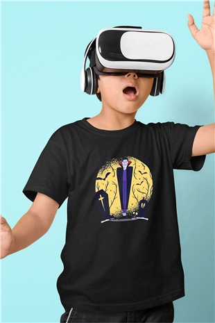 Halloween Baskılı Unisex Siyah Çocuk Tişört - Tshirt