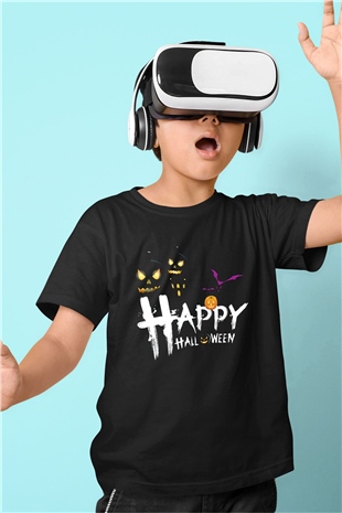 Halloween Baskılı Unisex Siyah Çocuk Tişört - Tshirt