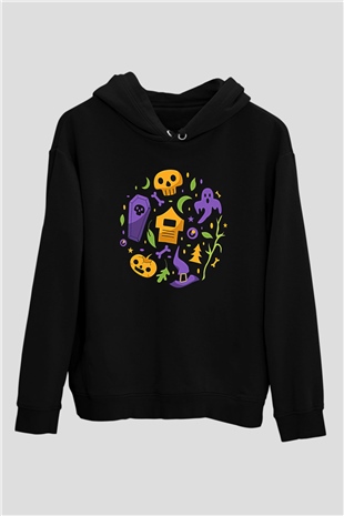 Halloween Baskılı Unisex Siyah Hoodie