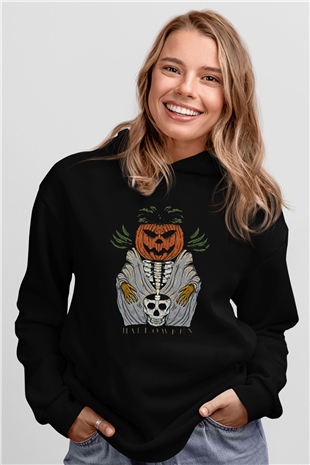 Halloween Baskılı Unisex Siyah Hoodie