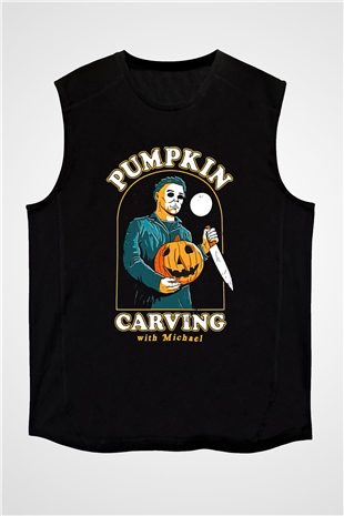 Halloween Baskılı Unisex Siyah Kolsuz Tişört - Tshirt