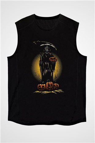 Halloween Baskılı Unisex Siyah Kolsuz Tişört - Tshirt