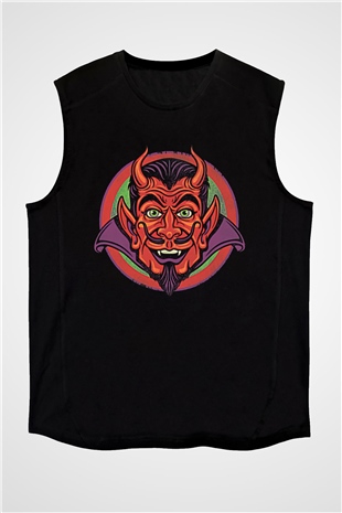 Halloween Baskılı Unisex Siyah Kolsuz Tişört - Tshirt