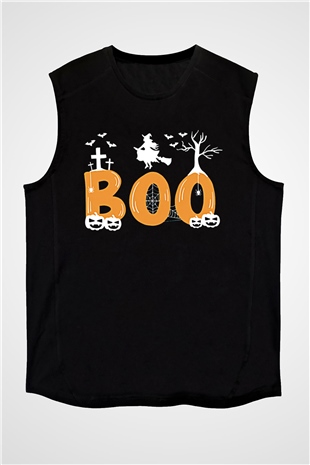 Halloween Baskılı Unisex Siyah Kolsuz Tişört - Tshirt