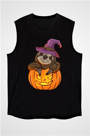 Halloween Baskılı Unisex Siyah Kolsuz Tişört - Tshirt