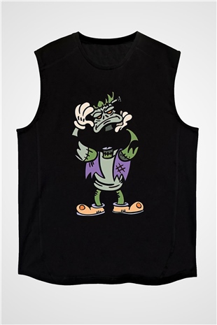 Halloween Baskılı Unisex Siyah Kolsuz Tişört - Tshirt